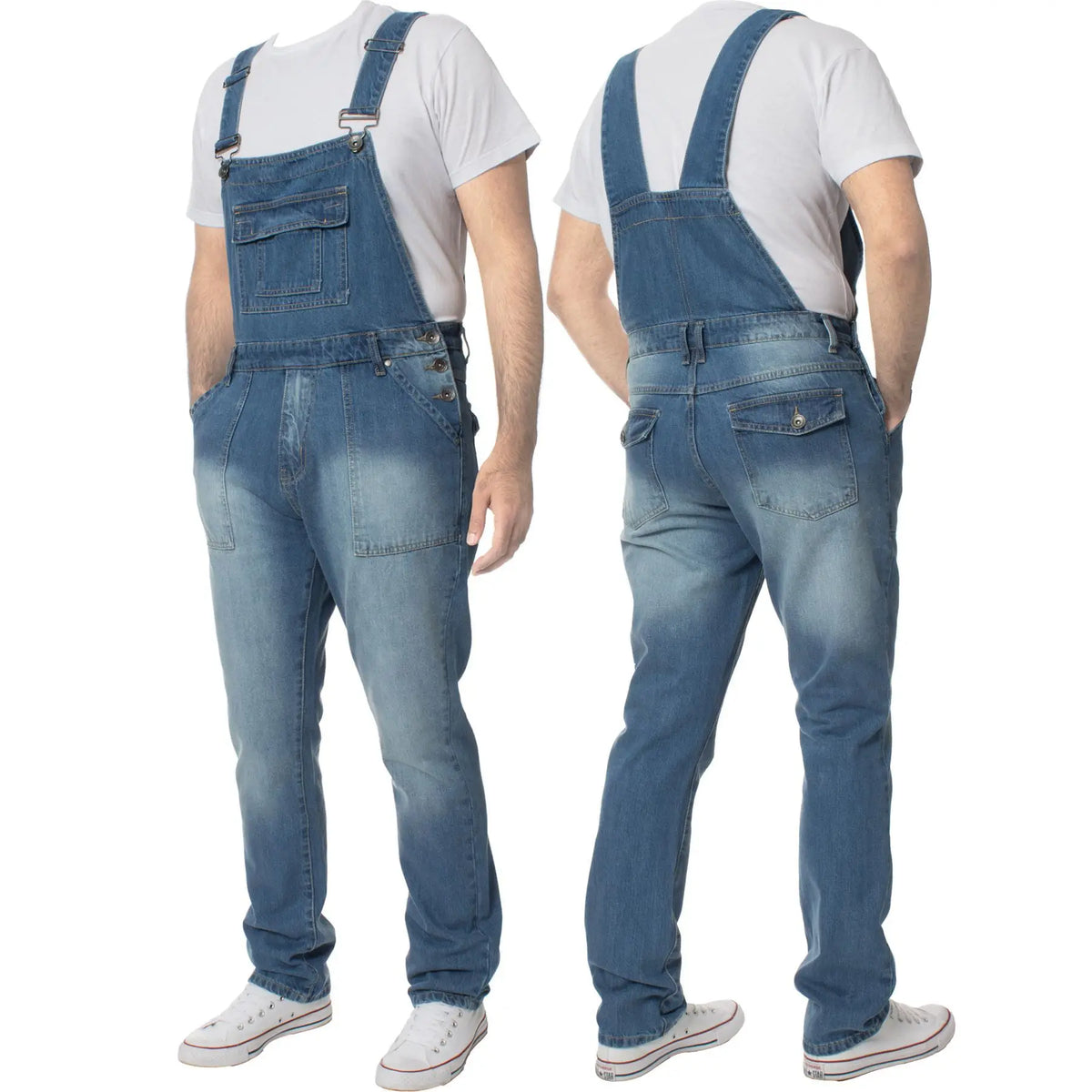 Peto vaquero casual para hombre, con múltiples bolsillos y corte ajustado elástico.