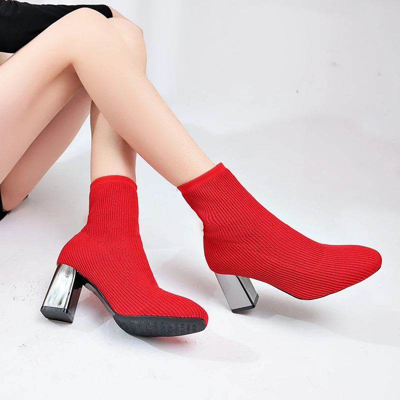 2022 New Fashion Ankle Boots Women Shoes Elastic Sock Boot Chunky High Heels Stretch Sexy Booties Pointed Toe plus 41 43