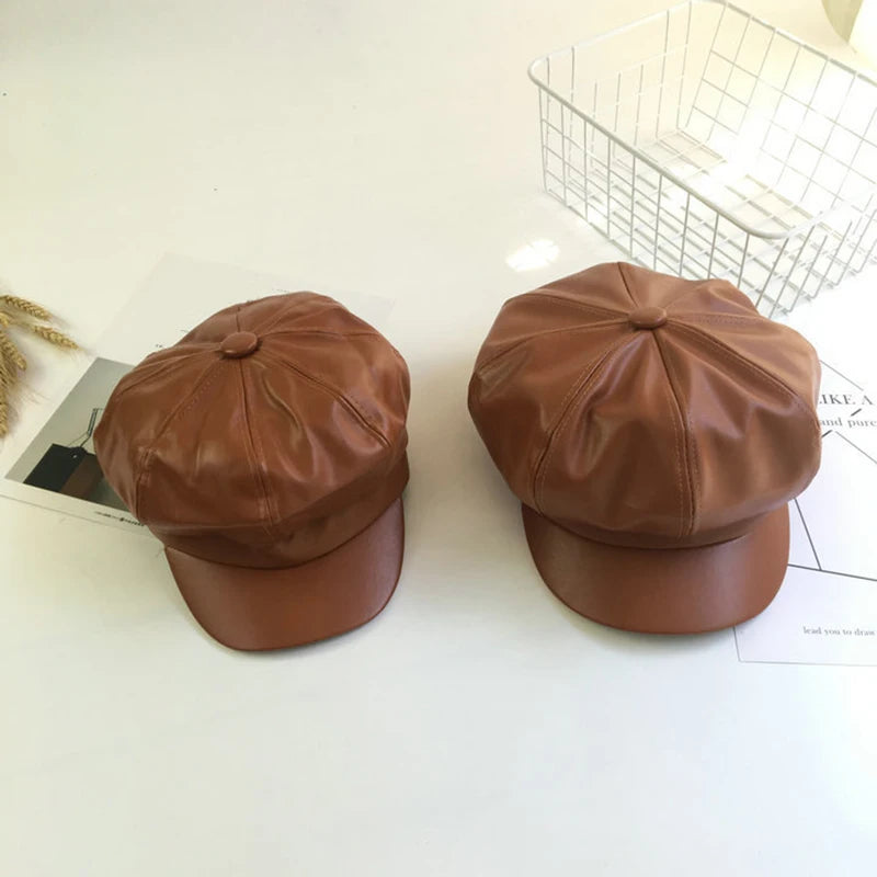 Leather Vintage Fashion Berets Painter Hat Autumn Winter Caps Male Female Casual Solid Color PU Leather Octagonal Cap