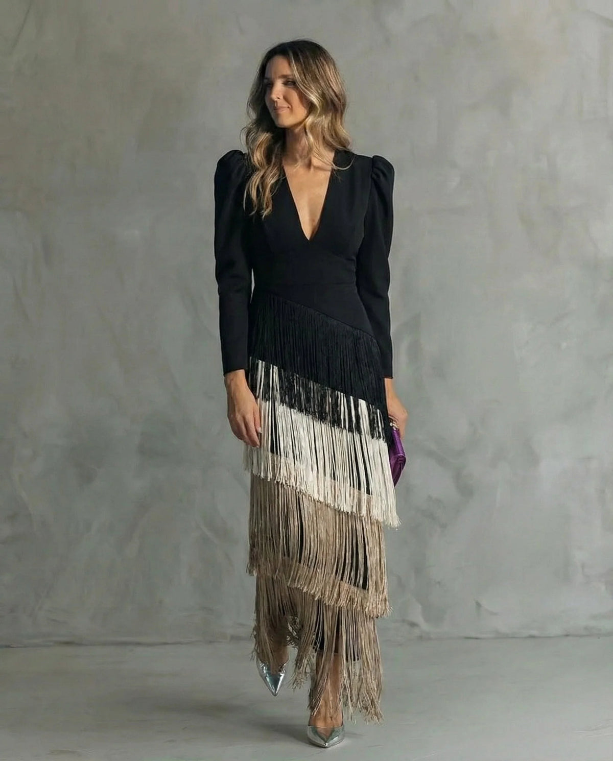 Vestido Mujer Midi Elegante Con Flecos – Vestido Manga Larga Sofisticado