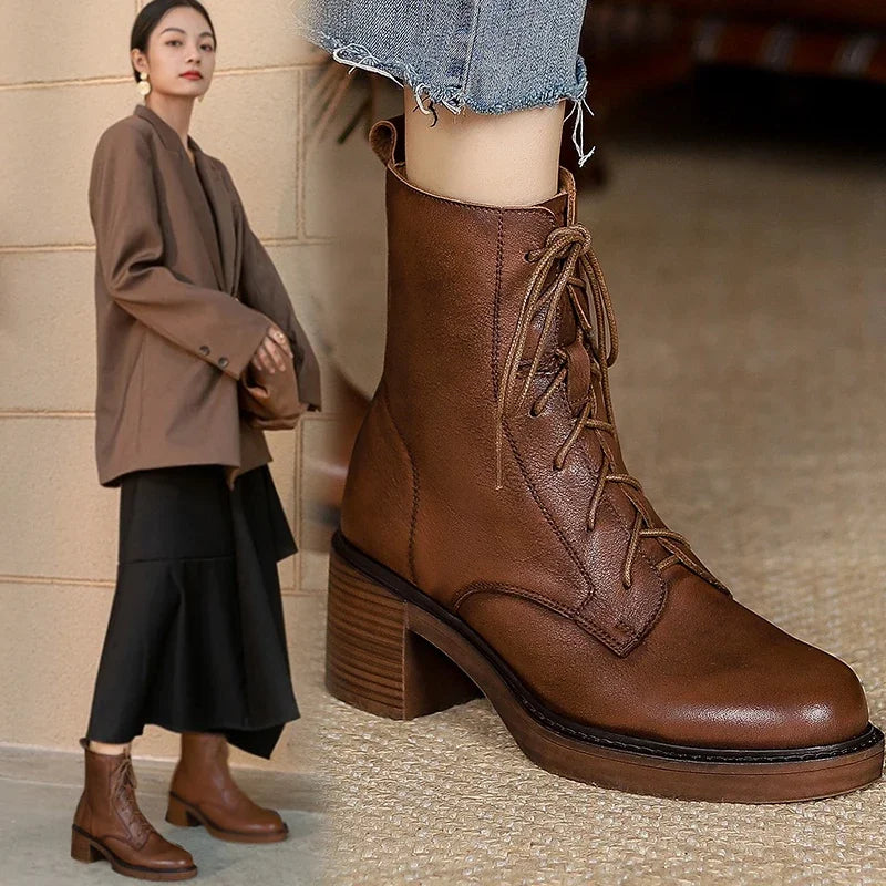2026 Winter Genuine Leather Women Boots round Toe Thick Heel Lace up Fashion Ankle Boots Retro Boots Platform Shoes Heels Grown