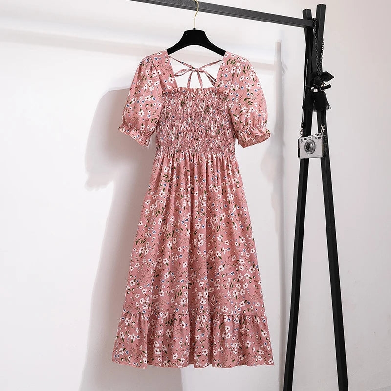 Vestido casual plisado de chifón para primavera-verano, con manga corta y cintura elástica; vestido estilo línea A para mujer.