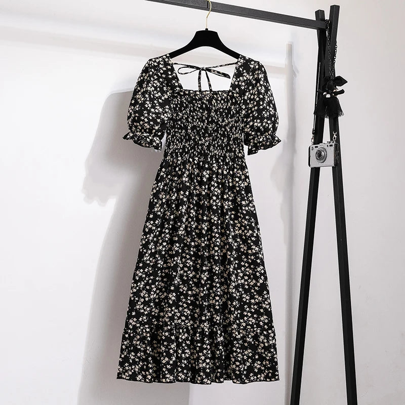 Vestido casual plisado de chifón para primavera-verano, con manga corta y cintura elástica; vestido estilo línea A para mujer.