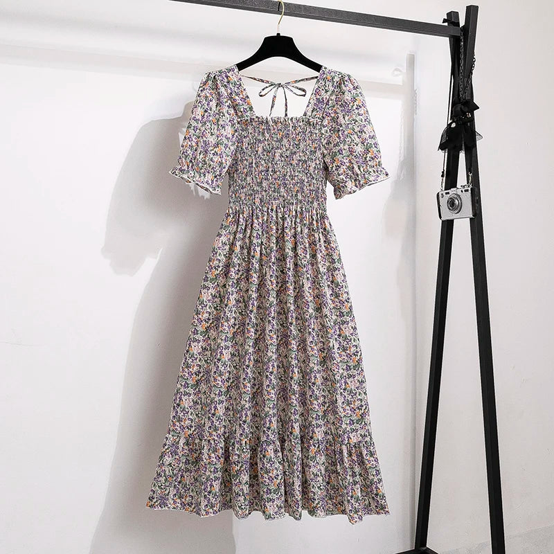 Vestido casual plisado de chifón para primavera-verano, con manga corta y cintura elástica; vestido estilo línea A para mujer.
