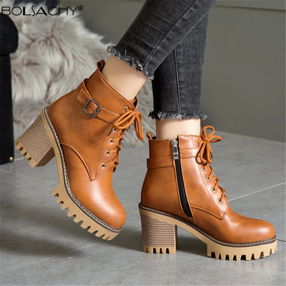 Boats Women 2026 New Winter Female High Heel Lace up Ankle Boots Buckle Platform Artificial Leather Ladies Shoes Zapatos Mujer
