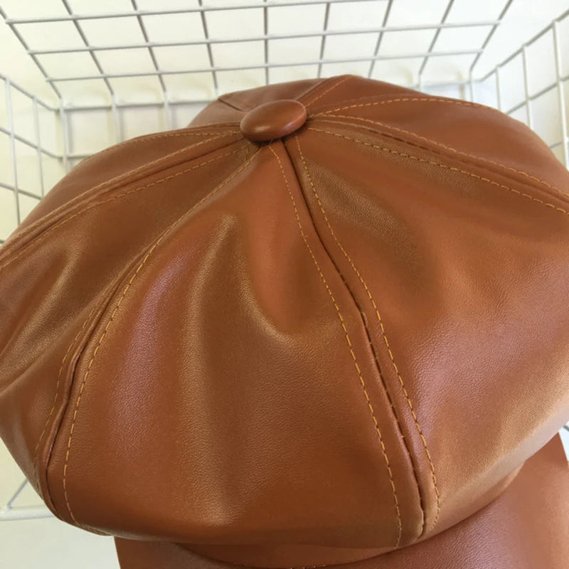 Leather Vintage Fashion Berets Painter Hat Autumn Winter Caps Male Female Casual Solid Color PU Leather Octagonal Cap