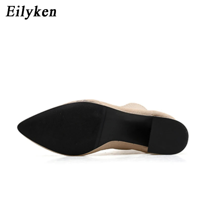 Eilyken Autumn Winter Knitted Stretch Fabric Socks Women Low Heel Short Boots Gray Pointed Toe Female Ankle Booties