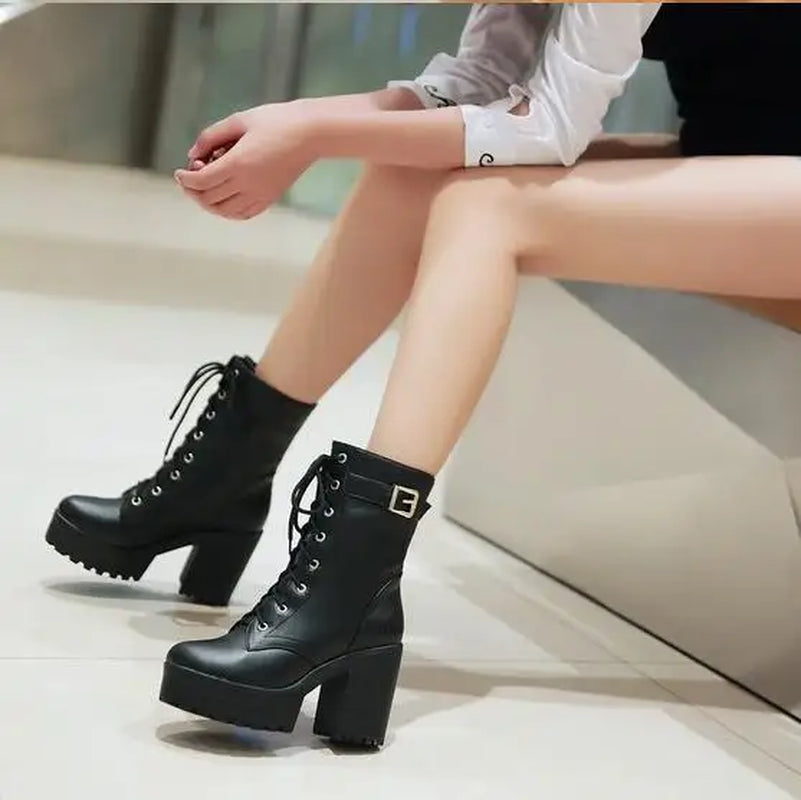 Spring Autumn Fashion Women Boots High Heels Platform Buckle Lace up Leather Short Booties Black Ladies Shoes Promotion 745