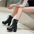 Spring Autumn Fashion Women Boots High Heels Platform Buckle Lace up Leather Short Booties Black Ladies Shoes Promotion 745