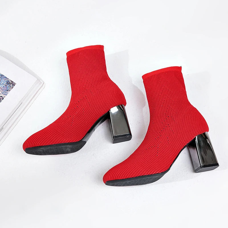2022 New Fashion Ankle Boots Women Shoes Elastic Sock Boot Chunky High Heels Stretch Sexy Booties Pointed Toe plus 41 43
