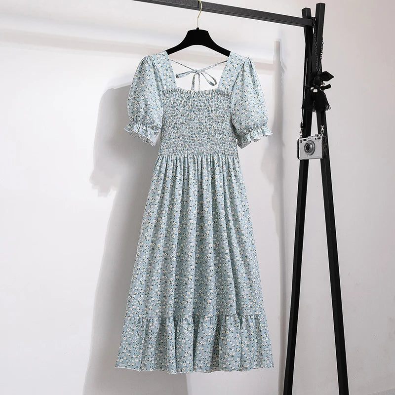 Vestido casual plisado de chifón para primavera-verano, con manga corta y cintura elástica; vestido estilo línea A para mujer.