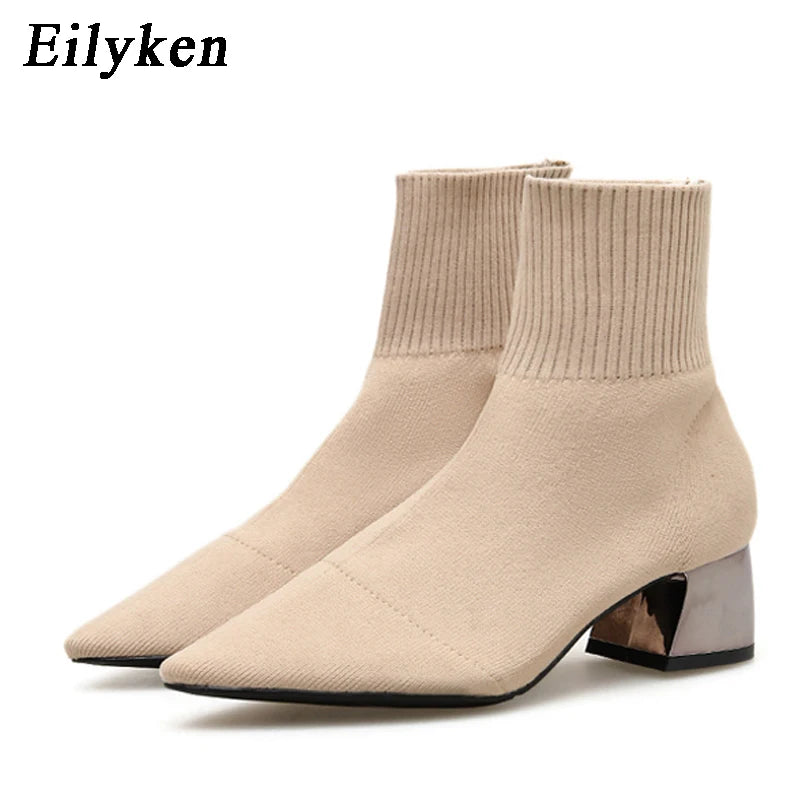 Eilyken Autumn Winter Knitted Stretch Fabric Socks Women Low Heel Short Boots Gray Pointed Toe Female Ankle Booties