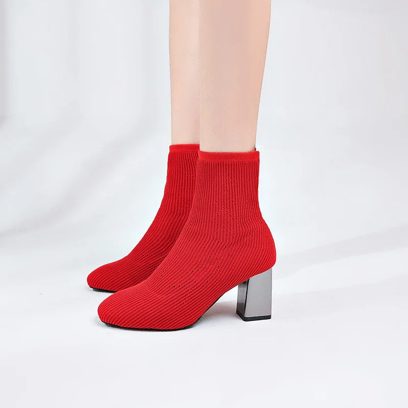 2022 New Fashion Ankle Boots Women Shoes Elastic Sock Boot Chunky High Heels Stretch Sexy Booties Pointed Toe plus 41 43