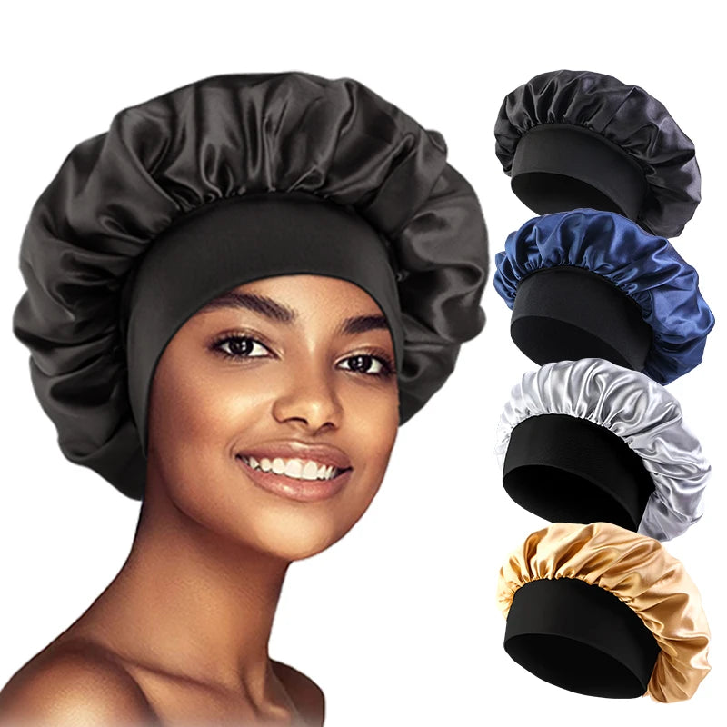 Gorro de satén liso para mujer: gorro unisex de ala ancha para dormir o bañarse, con banda elástica y diseñado para el cuidado del cabello.