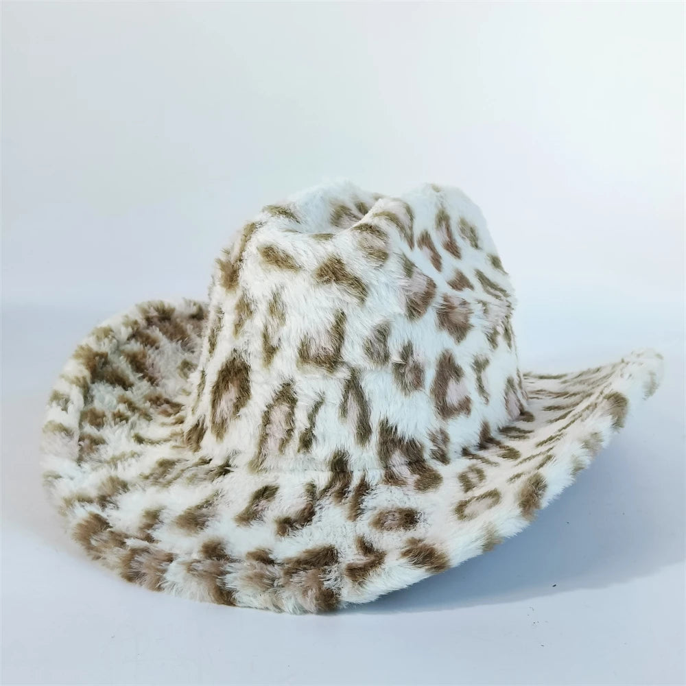 Sombrero vaquero elegante con estampado de leopardo y ala ancha; modelo de piel sintética para hombre y mujer, ideal para el invierno.
