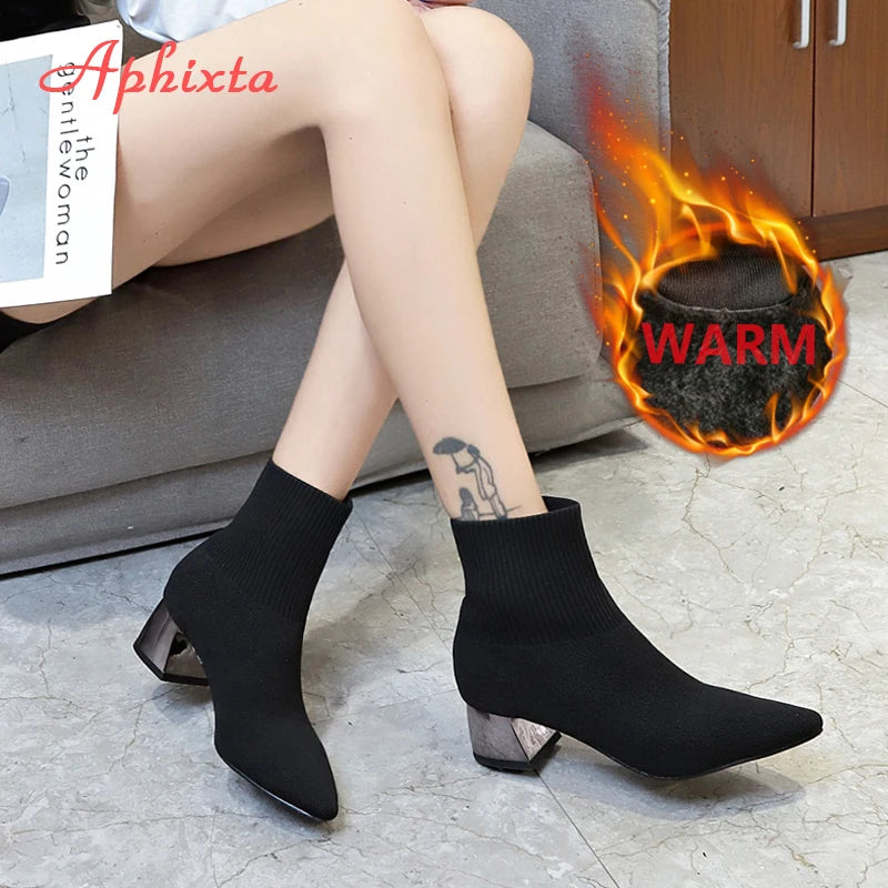 2022 New Fashion Ankle Boots Women Shoes Elastic Sock Boot Chunky High Heels Stretch Sexy Booties Pointed Toe plus 41 43