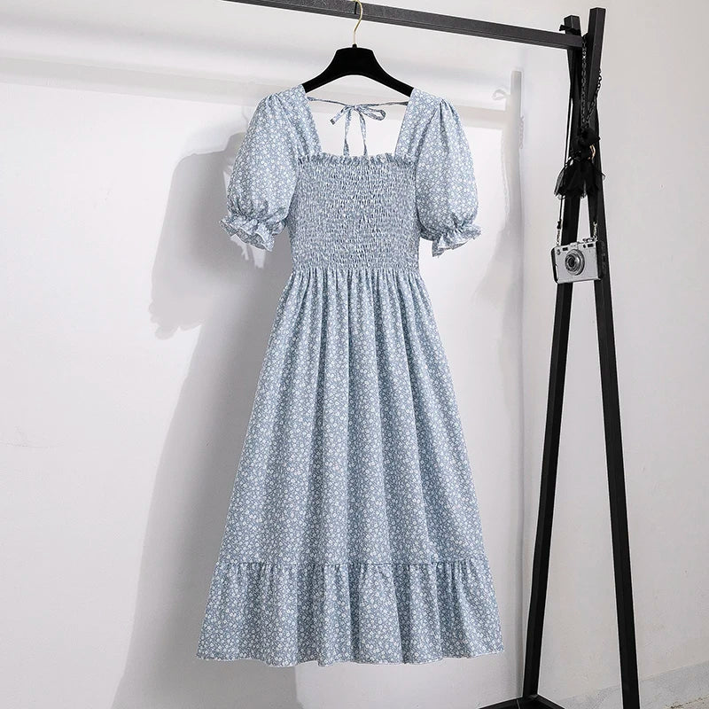 Vestido casual plisado de chifón para primavera-verano, con manga corta y cintura elástica; vestido estilo línea A para mujer.