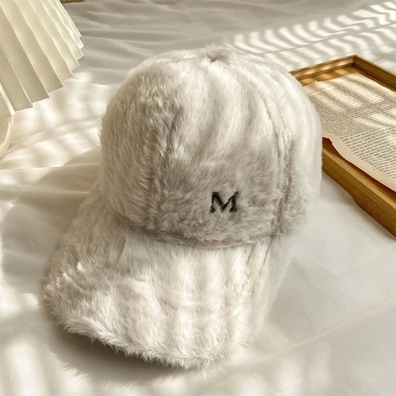 M Letter Rabbit Fur Blended Cap Ins Tide Brand Female Autumn and Winter All-Match Plush Hat Suitable for Face Big Baseball Caps