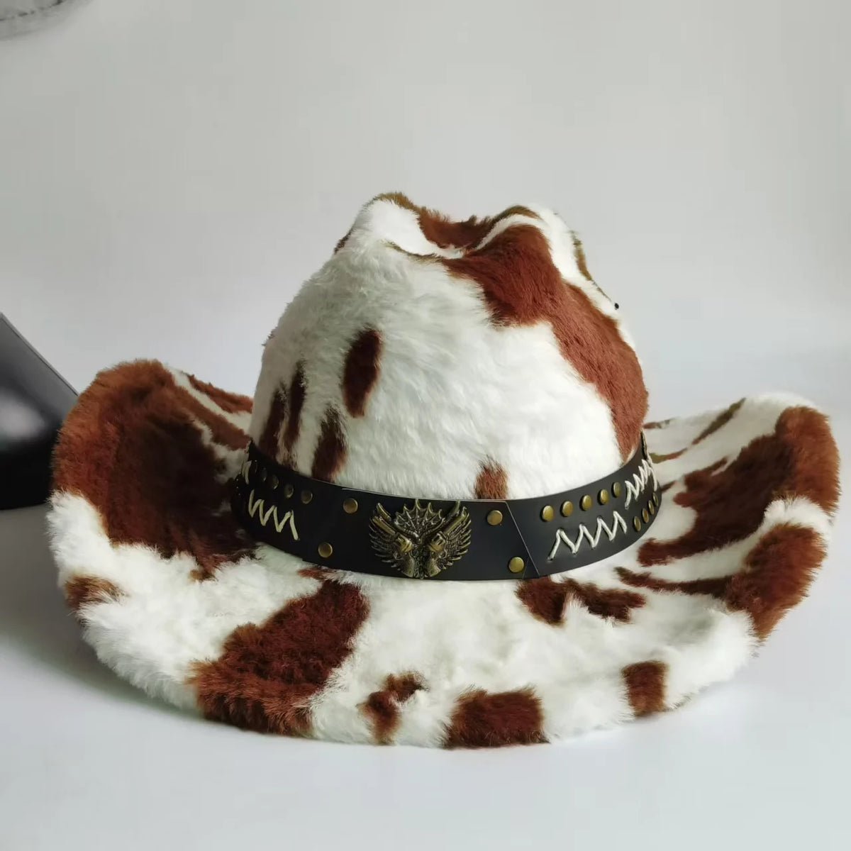 Sombrero vaquero elegante con estampado de leopardo y ala ancha; modelo de piel sintética para hombre y mujer, ideal para el invierno.