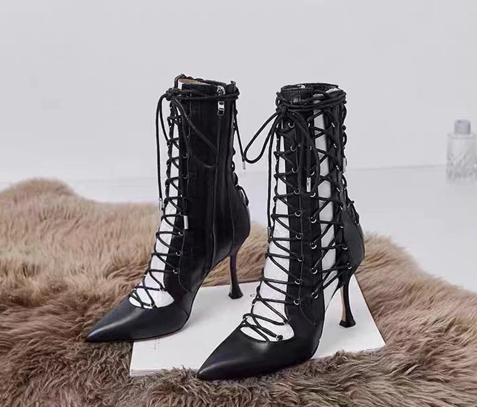 Women Sexy Black Pointed Toe Boots Female Cross-Tied High Heels Ankle Boots Girls Hollow Lace-Up Dress Solid Shoes