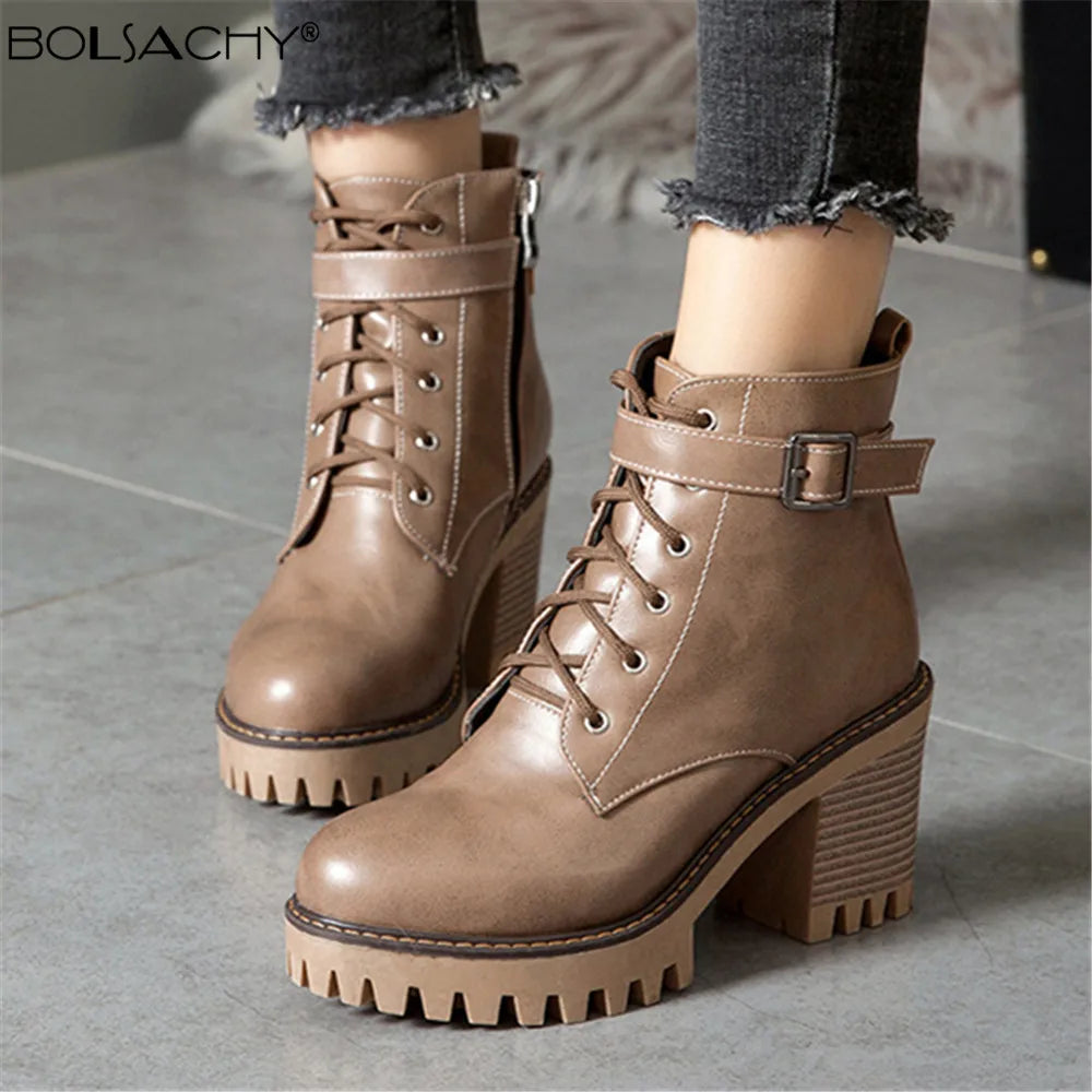 Boats Women 2026 New Winter Female High Heel Lace up Ankle Boots Buckle Platform Artificial Leather Ladies Shoes Zapatos Mujer