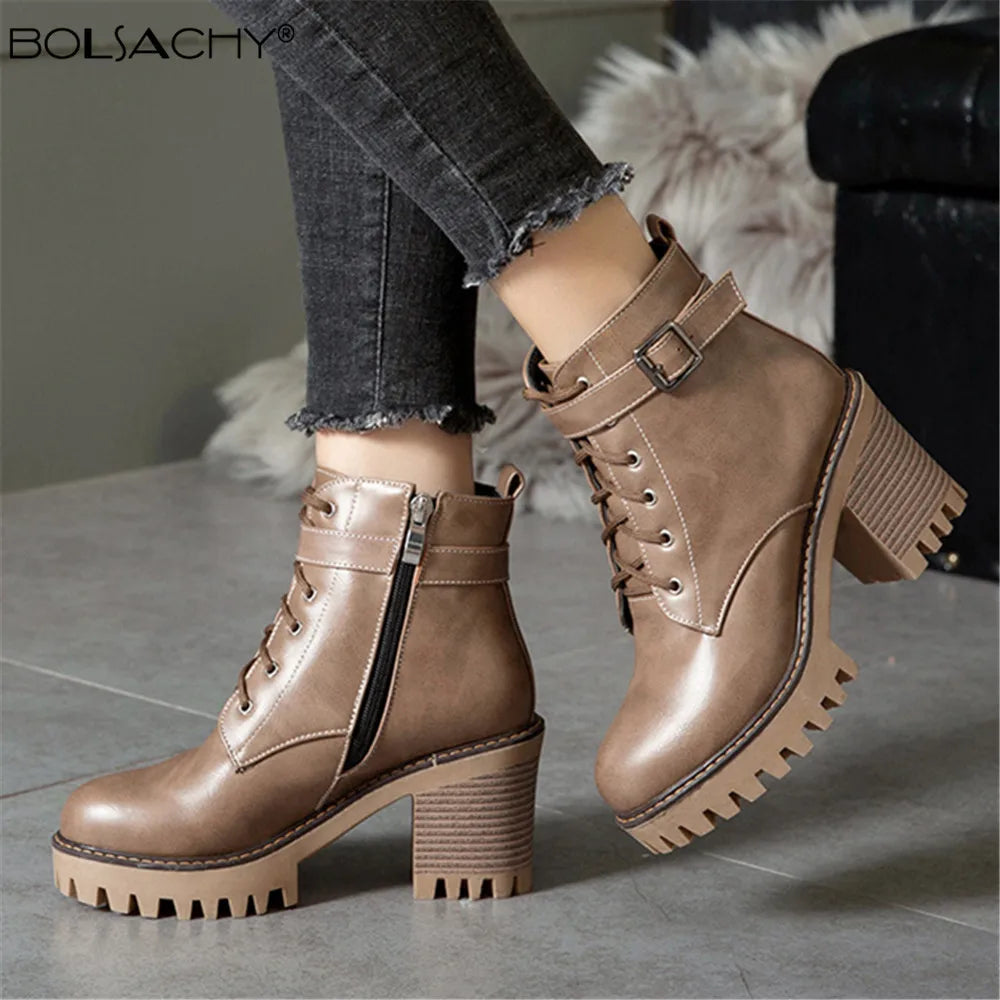 Boats Women 2026 New Winter Female High Heel Lace up Ankle Boots Buckle Platform Artificial Leather Ladies Shoes Zapatos Mujer