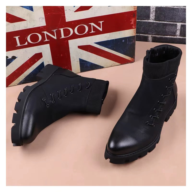 Italian Brand Designer Mens Leisure Cowboy Boots Natural Leather Platform Shoes Black Autumn Winter Ankle Boot Short Botas Male