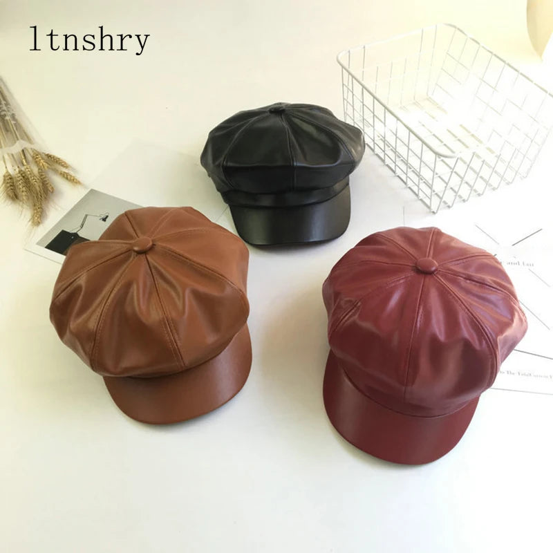 Leather Vintage Fashion Berets Painter Hat Autumn Winter Caps Male Female Casual Solid Color PU Leather Octagonal Cap