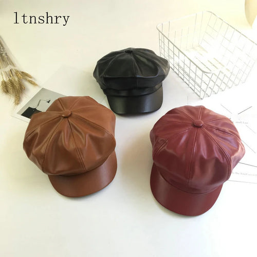 Leather Vintage Fashion Berets Painter Hat Autumn Winter Caps Male Female Casual Solid Color PU Leather Octagonal Cap