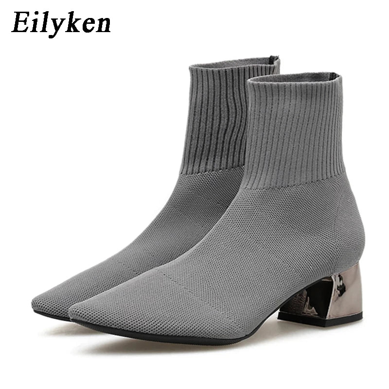Eilyken Autumn Winter Knitted Stretch Fabric Socks Women Low Heel Short Boots Gray Pointed Toe Female Ankle Booties