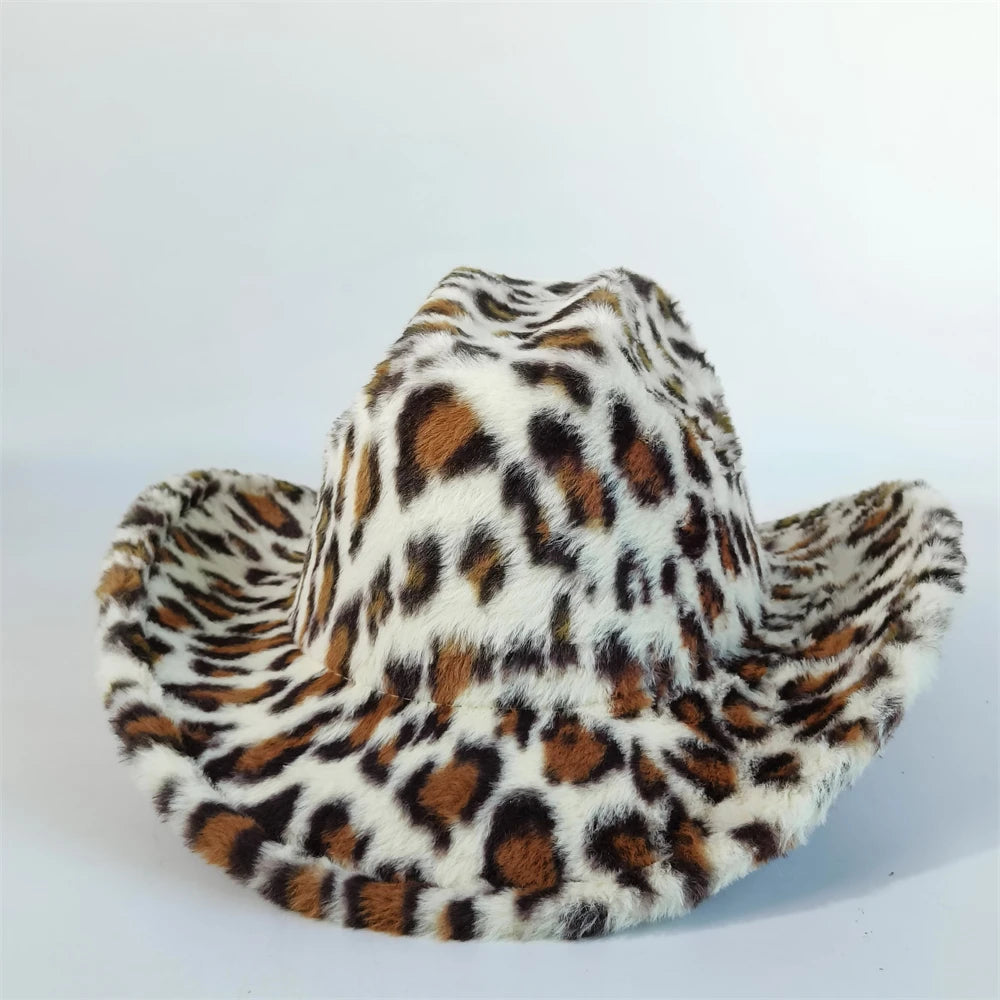 Sombrero vaquero elegante con estampado de leopardo y ala ancha; modelo de piel sintética para hombre y mujer, ideal para el invierno.