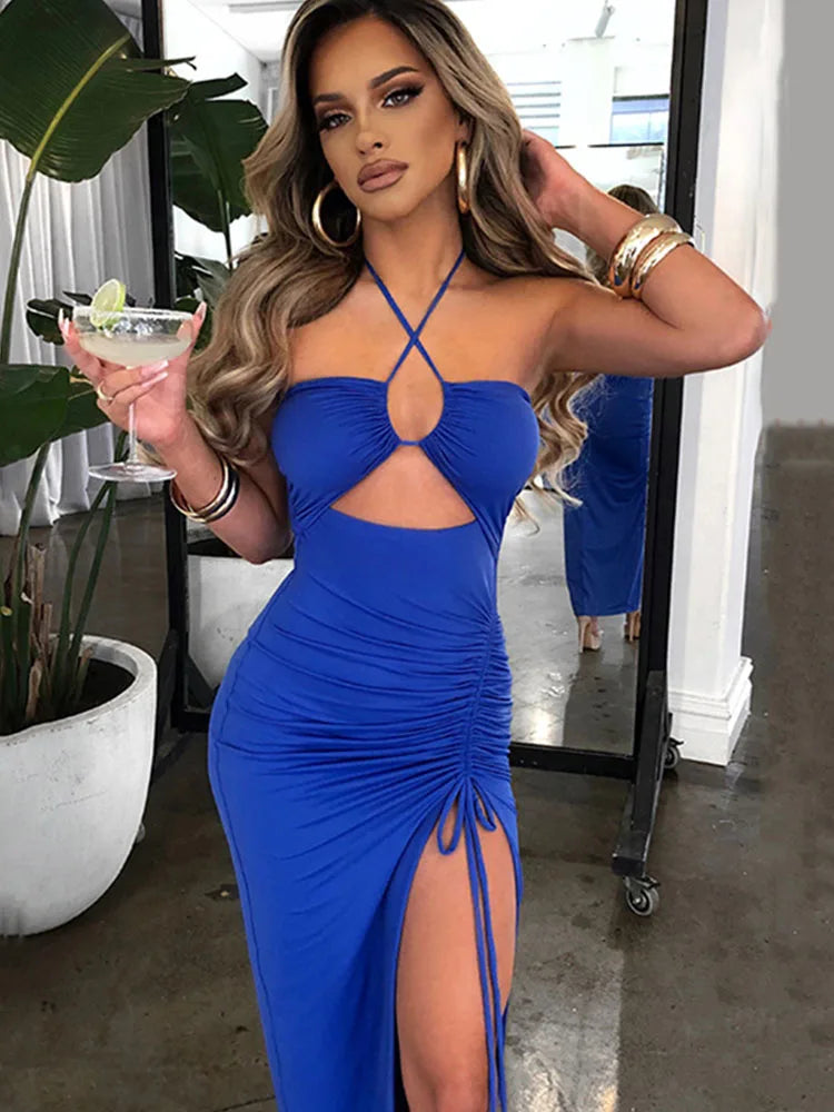 Vestido midi sexy para mujer, sin mangas y con espalda descubierta; estilo ajustado (bodycon) ideal para fiestas y discotecas.